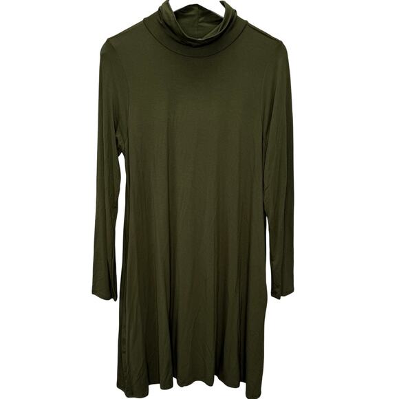 Karlie Mock Neck Solid Long Sleeve Dress Size L Olive Green Pockets New - Picture 1 of 6